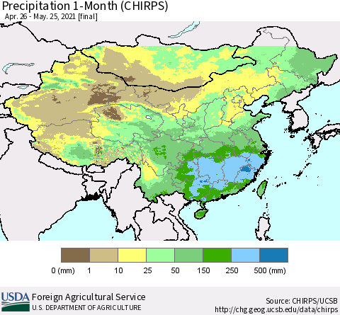 China, Mongolia and Taiwan Precipitation 1-Month (CHIRPS) Thematic Map For 4/26/2021 - 5/25/2021