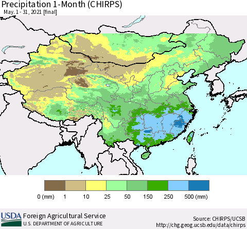China, Mongolia and Taiwan Precipitation 1-Month (CHIRPS) Thematic Map For 5/1/2021 - 5/31/2021