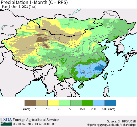 China, Mongolia and Taiwan Precipitation 1-Month (CHIRPS) Thematic Map For 5/6/2021 - 6/5/2021