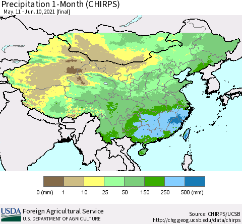 China, Mongolia and Taiwan Precipitation 1-Month (CHIRPS) Thematic Map For 5/11/2021 - 6/10/2021