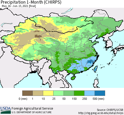 China, Mongolia and Taiwan Precipitation 1-Month (CHIRPS) Thematic Map For 5/16/2021 - 6/15/2021