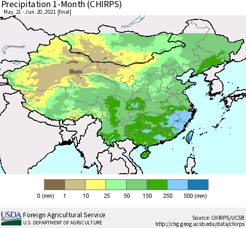 China, Mongolia and Taiwan Precipitation 1-Month (CHIRPS) Thematic Map For 5/21/2021 - 6/20/2021