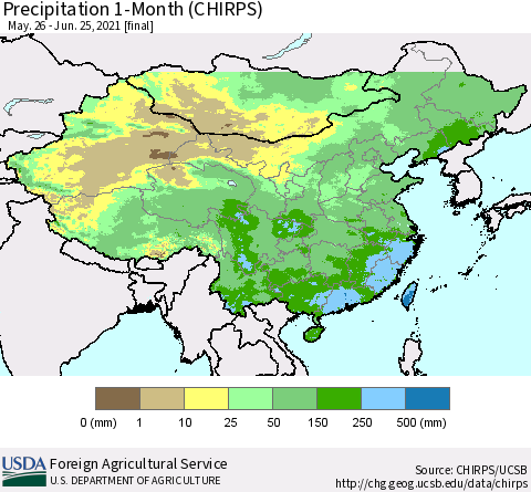 China, Mongolia and Taiwan Precipitation 1-Month (CHIRPS) Thematic Map For 5/26/2021 - 6/25/2021
