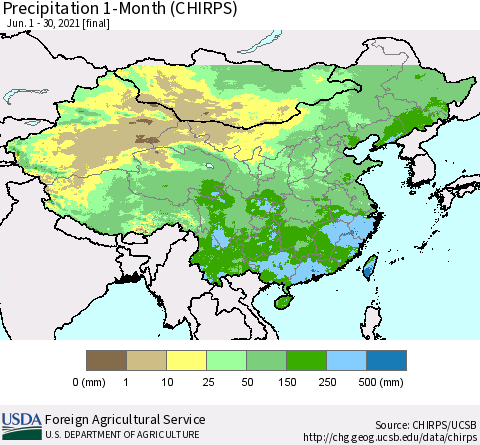 China, Mongolia and Taiwan Precipitation 1-Month (CHIRPS) Thematic Map For 6/1/2021 - 6/30/2021