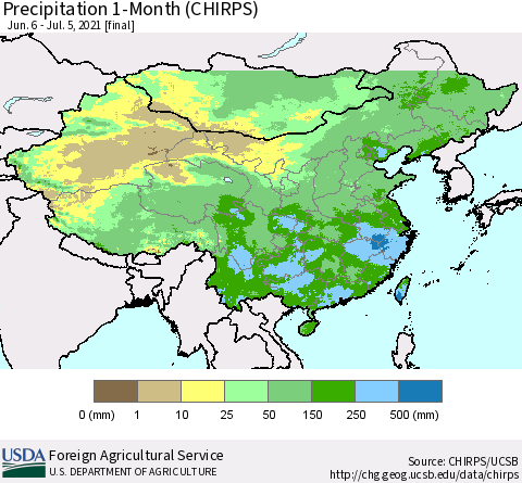 China, Mongolia and Taiwan Precipitation 1-Month (CHIRPS) Thematic Map For 6/6/2021 - 7/5/2021