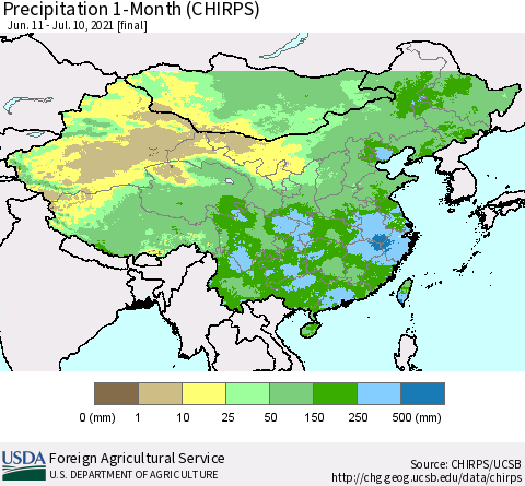 China, Mongolia and Taiwan Precipitation 1-Month (CHIRPS) Thematic Map For 6/11/2021 - 7/10/2021