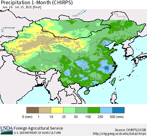 China, Mongolia and Taiwan Precipitation 1-Month (CHIRPS) Thematic Map For 6/16/2021 - 7/15/2021