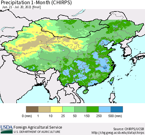China, Mongolia and Taiwan Precipitation 1-Month (CHIRPS) Thematic Map For 6/21/2021 - 7/20/2021