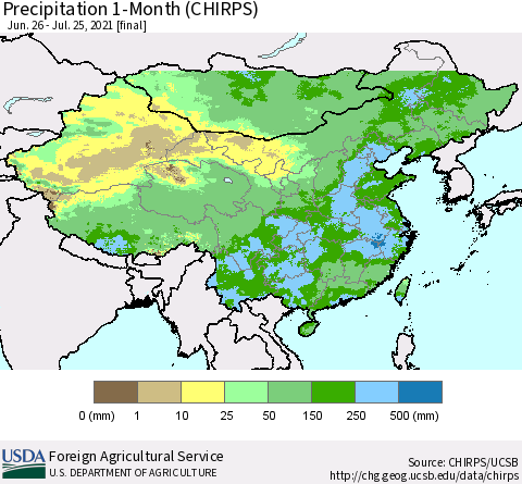 China, Mongolia and Taiwan Precipitation 1-Month (CHIRPS) Thematic Map For 6/26/2021 - 7/25/2021