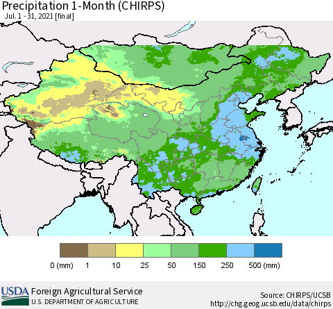 China, Mongolia and Taiwan Precipitation 1-Month (CHIRPS) Thematic Map For 7/1/2021 - 7/31/2021