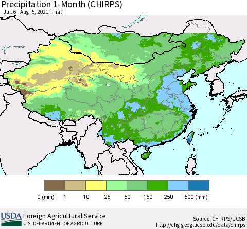 China, Mongolia and Taiwan Precipitation 1-Month (CHIRPS) Thematic Map For 7/6/2021 - 8/5/2021