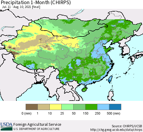 China, Mongolia and Taiwan Precipitation 1-Month (CHIRPS) Thematic Map For 7/11/2021 - 8/10/2021