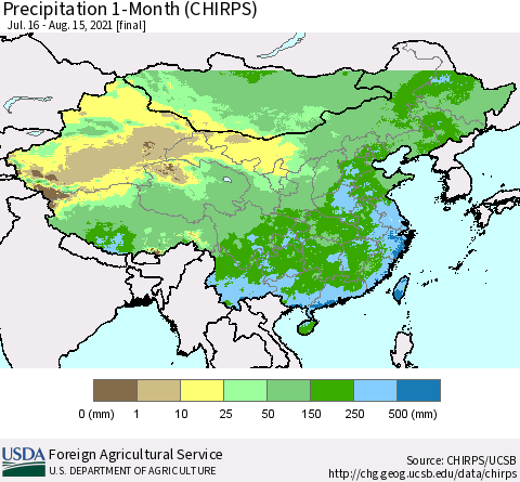 China, Mongolia and Taiwan Precipitation 1-Month (CHIRPS) Thematic Map For 7/16/2021 - 8/15/2021