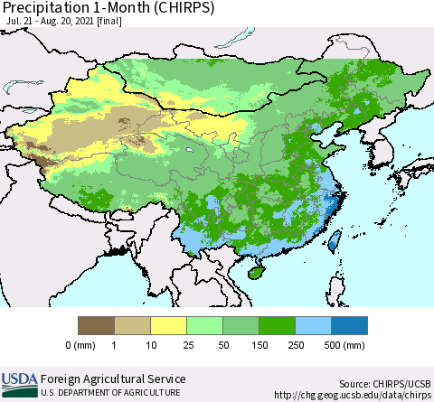 China, Mongolia and Taiwan Precipitation 1-Month (CHIRPS) Thematic Map For 7/21/2021 - 8/20/2021
