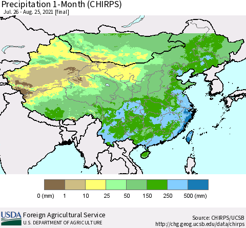 China, Mongolia and Taiwan Precipitation 1-Month (CHIRPS) Thematic Map For 7/26/2021 - 8/25/2021