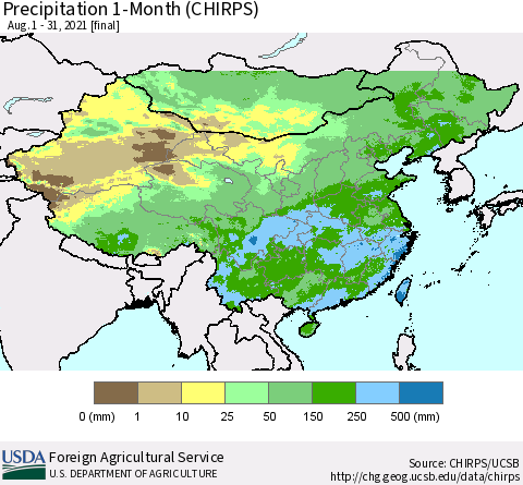 China, Mongolia and Taiwan Precipitation 1-Month (CHIRPS) Thematic Map For 8/1/2021 - 8/31/2021
