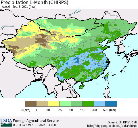 China, Mongolia and Taiwan Precipitation 1-Month (CHIRPS) Thematic Map For 8/6/2021 - 9/5/2021