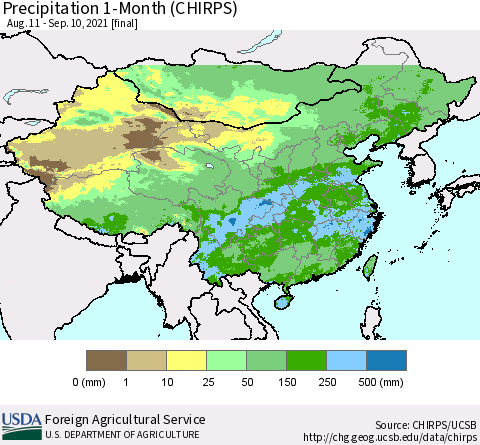 China, Mongolia and Taiwan Precipitation 1-Month (CHIRPS) Thematic Map For 8/11/2021 - 9/10/2021