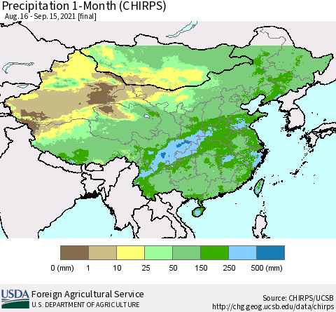 China, Mongolia and Taiwan Precipitation 1-Month (CHIRPS) Thematic Map For 8/16/2021 - 9/15/2021