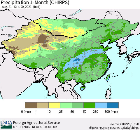 China, Mongolia and Taiwan Precipitation 1-Month (CHIRPS) Thematic Map For 8/21/2021 - 9/20/2021