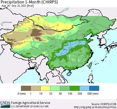 China, Mongolia and Taiwan Precipitation 1-Month (CHIRPS) Thematic Map For 8/26/2021 - 9/25/2021