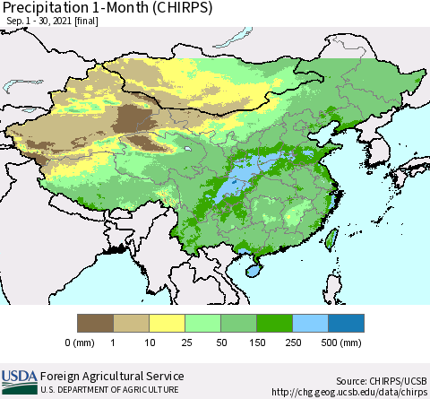 China, Mongolia and Taiwan Precipitation 1-Month (CHIRPS) Thematic Map For 9/1/2021 - 9/30/2021