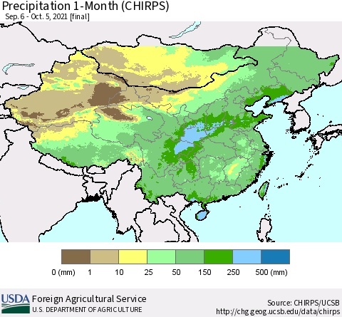 China, Mongolia and Taiwan Precipitation 1-Month (CHIRPS) Thematic Map For 9/6/2021 - 10/5/2021