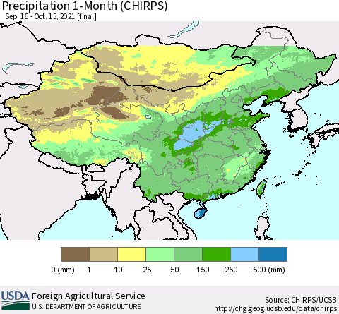 China, Mongolia and Taiwan Precipitation 1-Month (CHIRPS) Thematic Map For 9/16/2021 - 10/15/2021