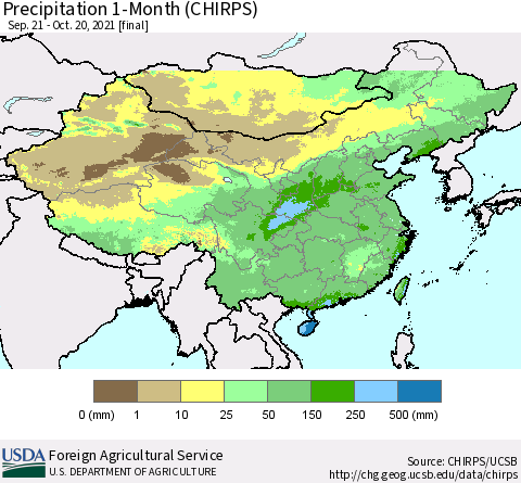 China, Mongolia and Taiwan Precipitation 1-Month (CHIRPS) Thematic Map For 9/21/2021 - 10/20/2021