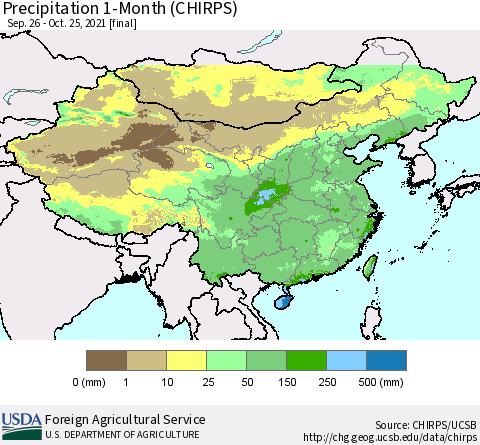 China, Mongolia and Taiwan Precipitation 1-Month (CHIRPS) Thematic Map For 9/26/2021 - 10/25/2021