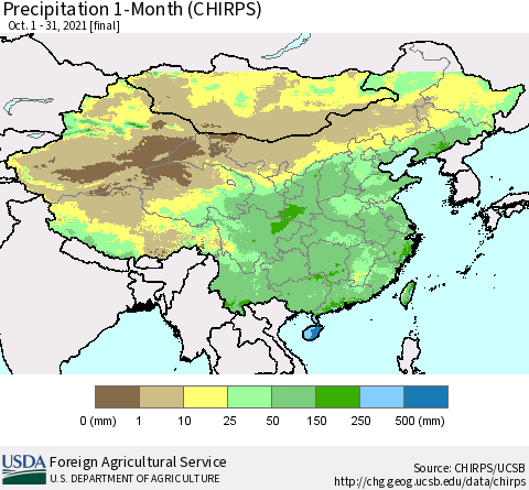 China, Mongolia and Taiwan Precipitation 1-Month (CHIRPS) Thematic Map For 10/1/2021 - 10/31/2021