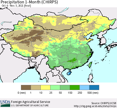 China, Mongolia and Taiwan Precipitation 1-Month (CHIRPS) Thematic Map For 10/6/2021 - 11/5/2021