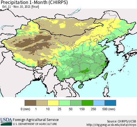 China, Mongolia and Taiwan Precipitation 1-Month (CHIRPS) Thematic Map For 10/11/2021 - 11/10/2021