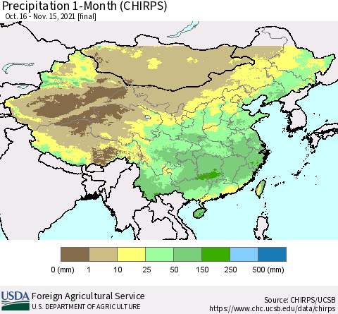 China, Mongolia and Taiwan Precipitation 1-Month (CHIRPS) Thematic Map For 10/16/2021 - 11/15/2021