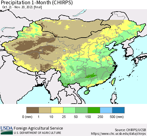 China, Mongolia and Taiwan Precipitation 1-Month (CHIRPS) Thematic Map For 10/21/2021 - 11/20/2021