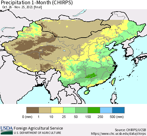 China, Mongolia and Taiwan Precipitation 1-Month (CHIRPS) Thematic Map For 10/26/2021 - 11/25/2021