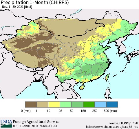 China, Mongolia and Taiwan Precipitation 1-Month (CHIRPS) Thematic Map For 11/1/2021 - 11/30/2021