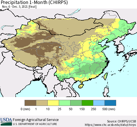 China, Mongolia and Taiwan Precipitation 1-Month (CHIRPS) Thematic Map For 11/6/2021 - 12/5/2021