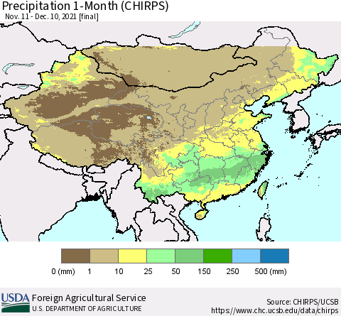 China, Mongolia and Taiwan Precipitation 1-Month (CHIRPS) Thematic Map For 11/11/2021 - 12/10/2021