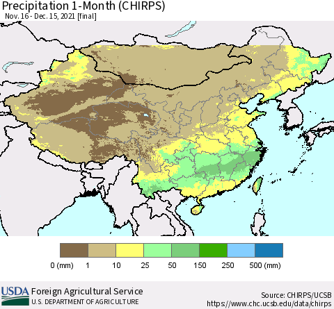 China, Mongolia and Taiwan Precipitation 1-Month (CHIRPS) Thematic Map For 11/16/2021 - 12/15/2021