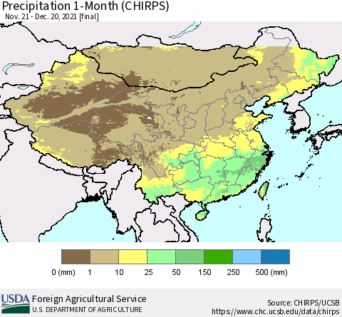 China, Mongolia and Taiwan Precipitation 1-Month (CHIRPS) Thematic Map For 11/21/2021 - 12/20/2021