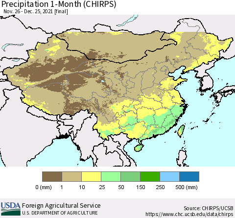 China, Mongolia and Taiwan Precipitation 1-Month (CHIRPS) Thematic Map For 11/26/2021 - 12/25/2021