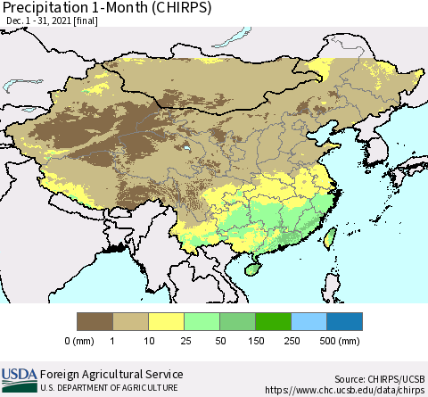 China, Mongolia and Taiwan Precipitation 1-Month (CHIRPS) Thematic Map For 12/1/2021 - 12/31/2021