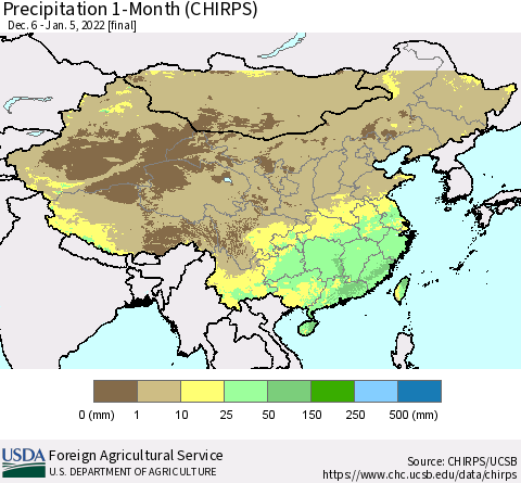 China, Mongolia and Taiwan Precipitation 1-Month (CHIRPS) Thematic Map For 12/6/2021 - 1/5/2022
