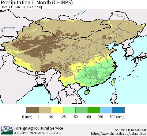 China, Mongolia and Taiwan Precipitation 1-Month (CHIRPS) Thematic Map For 12/11/2021 - 1/10/2022