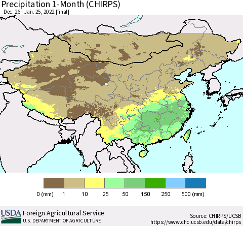 China, Mongolia and Taiwan Precipitation 1-Month (CHIRPS) Thematic Map For 12/26/2021 - 1/25/2022