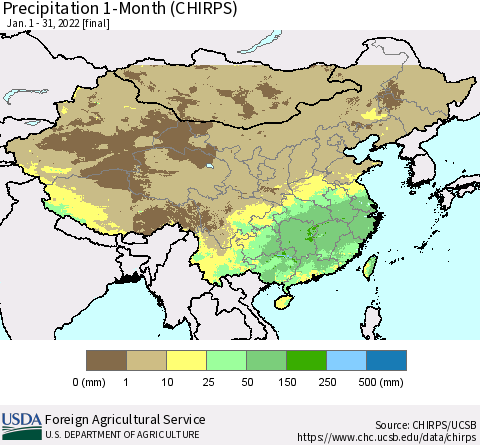 China, Mongolia and Taiwan Precipitation 1-Month (CHIRPS) Thematic Map For 1/1/2022 - 1/31/2022