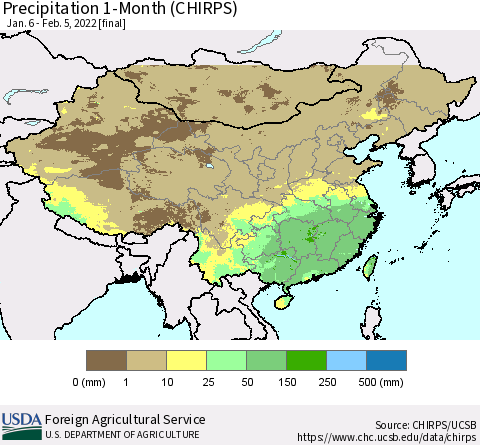 China, Mongolia and Taiwan Precipitation 1-Month (CHIRPS) Thematic Map For 1/6/2022 - 2/5/2022
