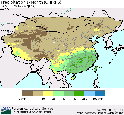 China, Mongolia and Taiwan Precipitation 1-Month (CHIRPS) Thematic Map For 1/16/2022 - 2/15/2022