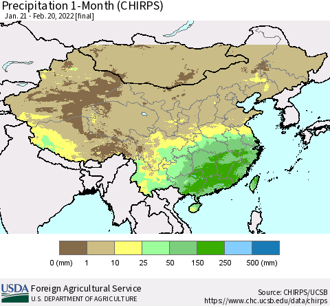 China, Mongolia and Taiwan Precipitation 1-Month (CHIRPS) Thematic Map For 1/21/2022 - 2/20/2022